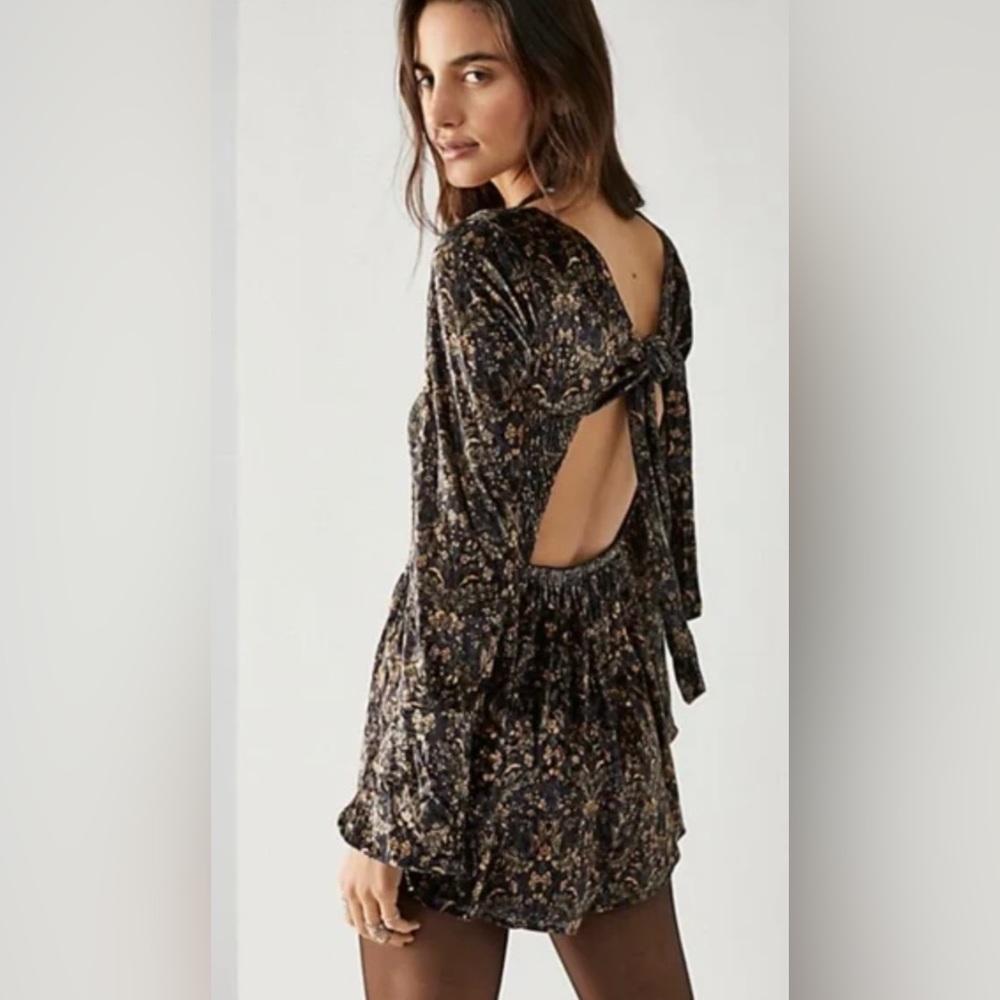Free People Black Floral Velvet Open-Back Romper